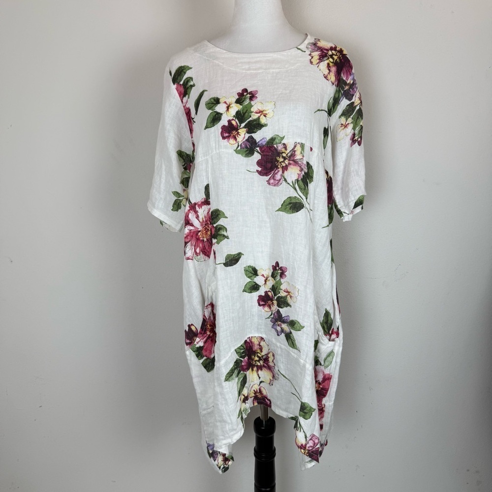 NWT Vasna Italy 100% Linen Floral Tunic Dress White PM - Picture 2 of 12